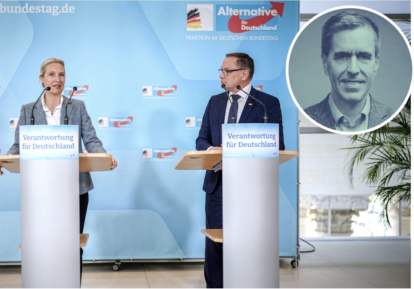 Alice Weidel (l), Fraktionsvorsitzende der AfD, und Tino Chrupalla, AfD-Bundesvorsitzender und Fraktionsvorsitzender der AfD, geben zu Beginn der Sitzung ihrer Bundestagsfraktion am 23.04.2024 ein Pressestatement.