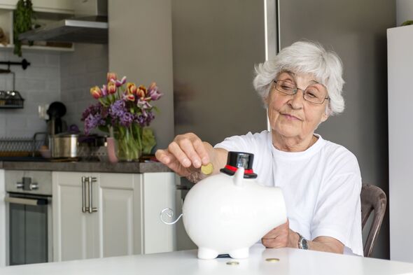 Senior woman hand putting money to piggy bank