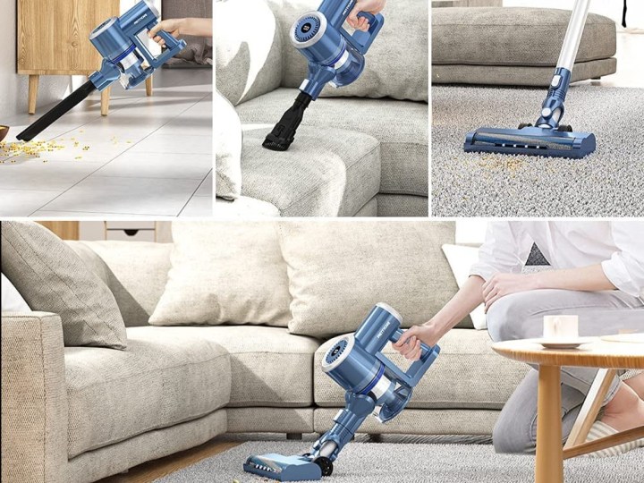 Prettycare W200 cordless stick vacuum lifestyle image various uses.