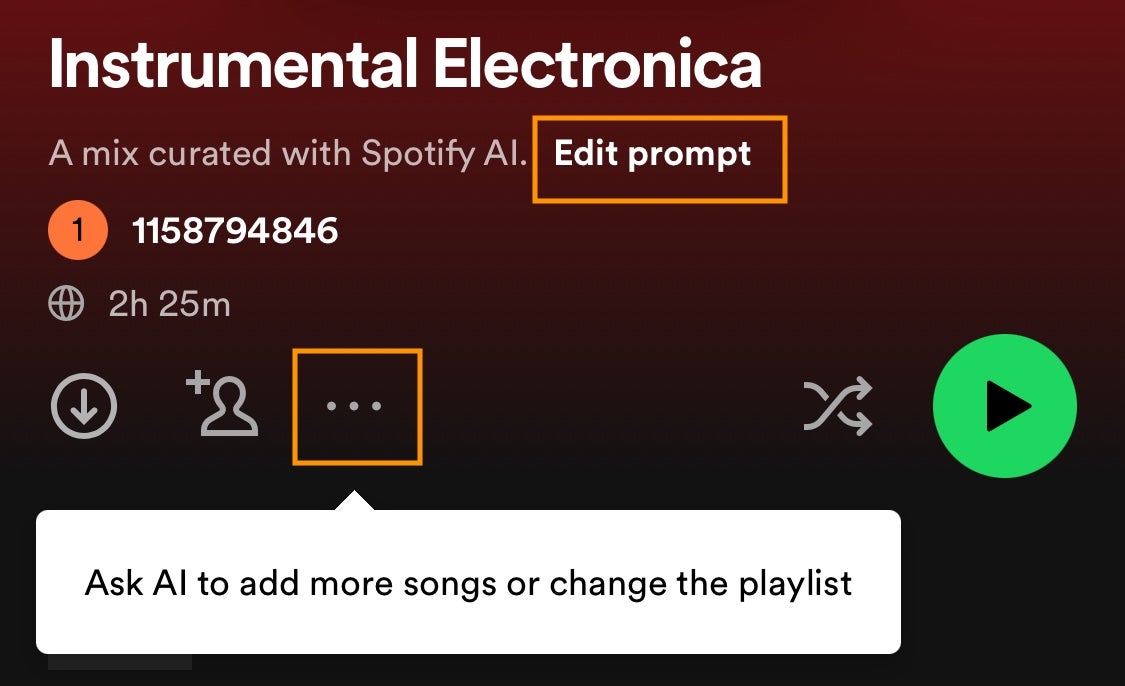 Created Spotify AI playlist with edit options highlighted