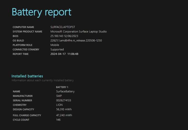 A  screenshot of the top of a battery report on Windows 11