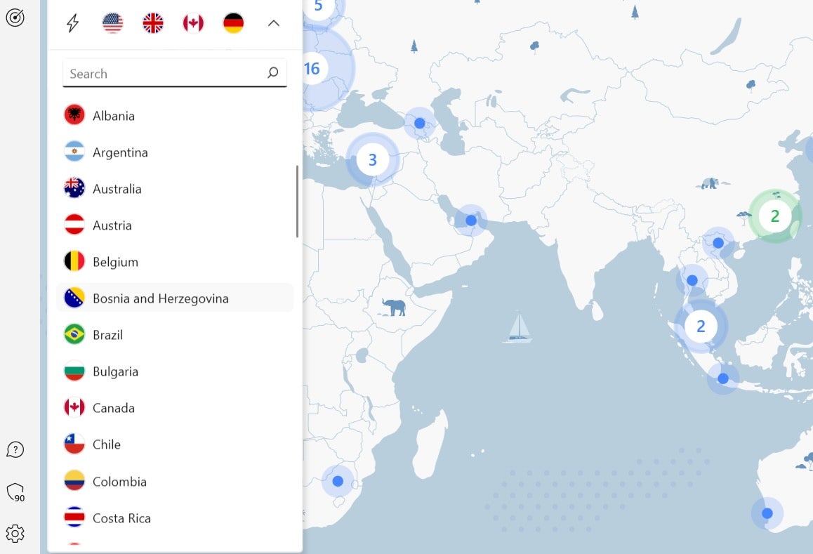 Screenshot of Figure A NordVPN server list and map.