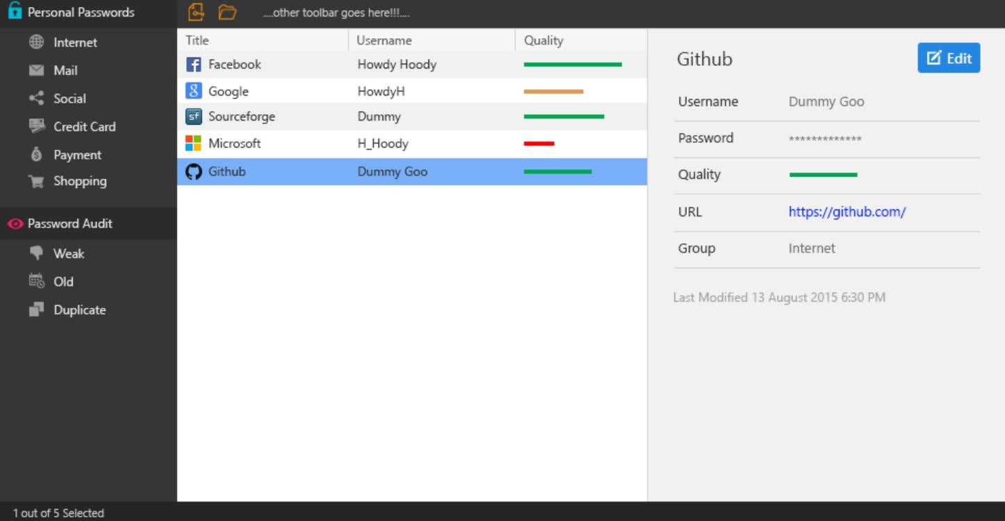 KeePass Windows dashboard.