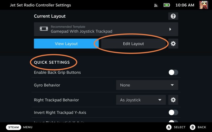 Edit controller layout in Steam Deck.