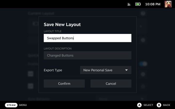 The Save a new layout option for the Steam Deck.