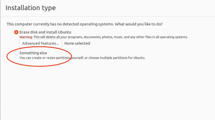 The Ubuntu install choice menu with 'Something Else' circled in red