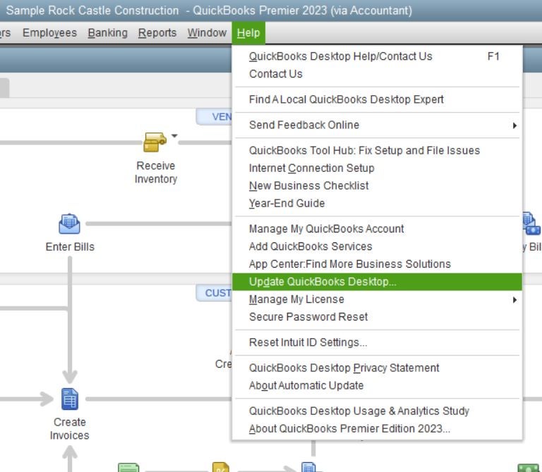 Image illustrating how to click on Update QuickBooks Desktop under the Help menu in QuickBooks Desktop.