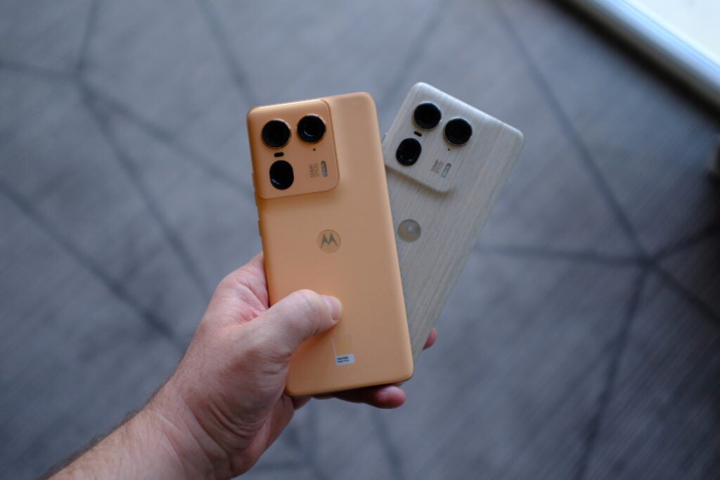 Moto Edge 50 Ultra in Peach Fuzz and Nordic Wood