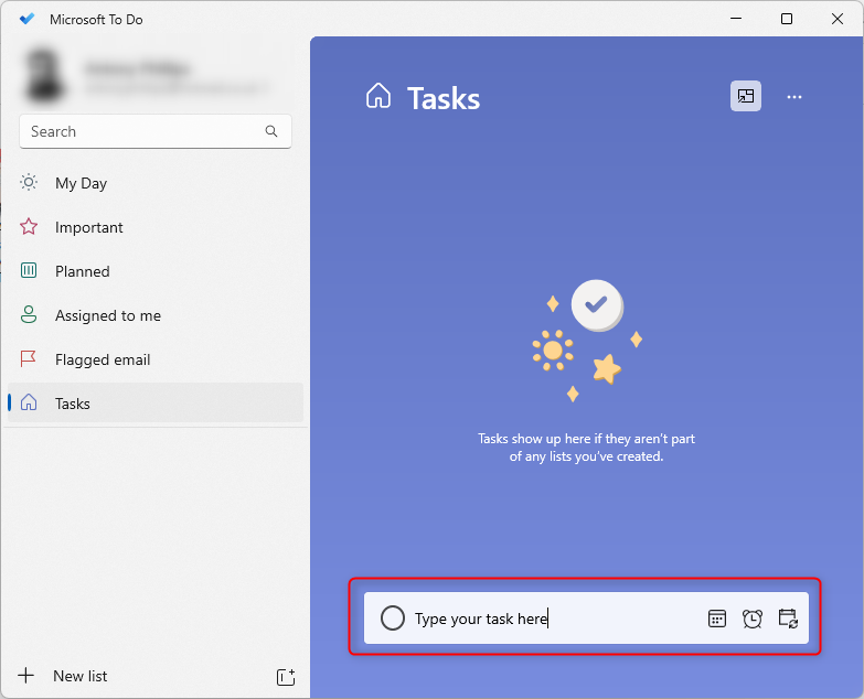 The Microsoft To Do white box at the bottom of the screen containing 'Type your task here.