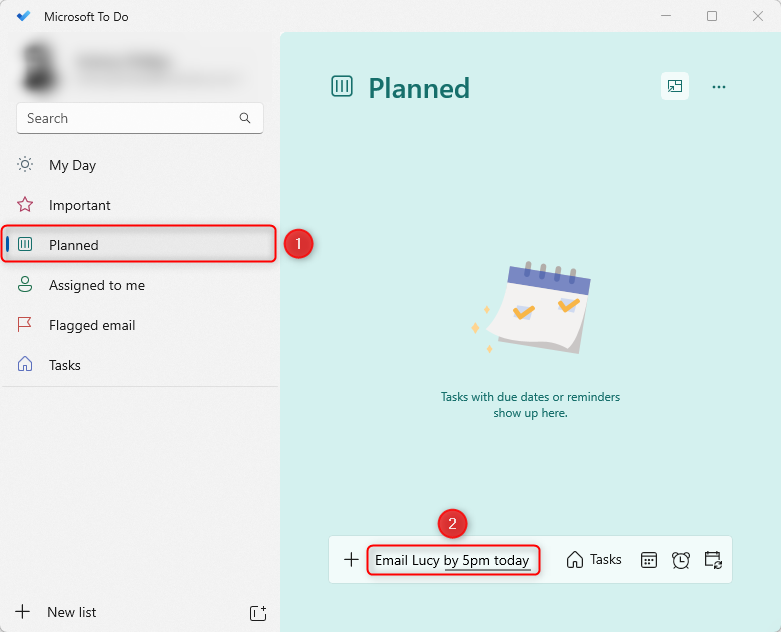 Microsoft To Do's Planned section with 'Email Lucy by 5pm today' typed into the box at the bottom of the main panel.