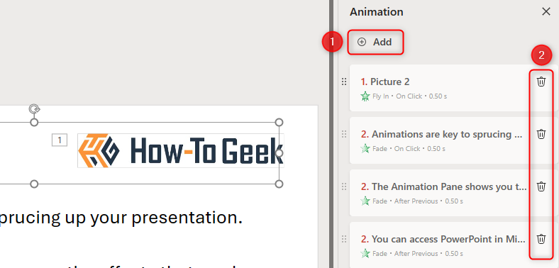 The web-based PowerPoint Animation Pane with 'Add' and the trash (delete) options highlighted.