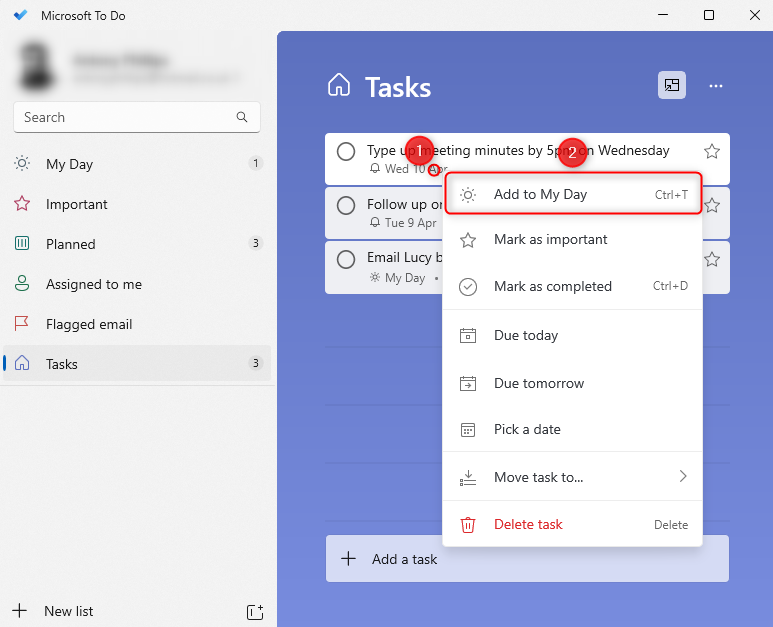 Microsoft To Do with 'Add To My Day' highlighted after having right-clicked on a task.