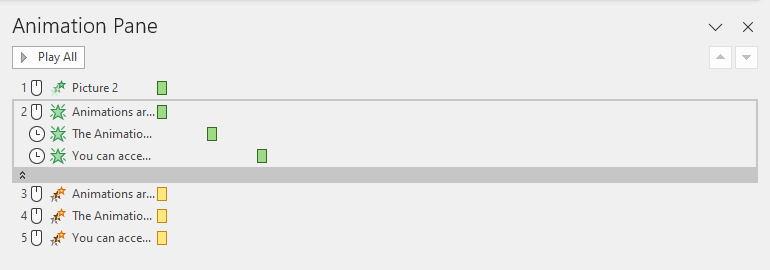 The Animation Pane in the Microsoft 365 PowerPoint App showing several animations.