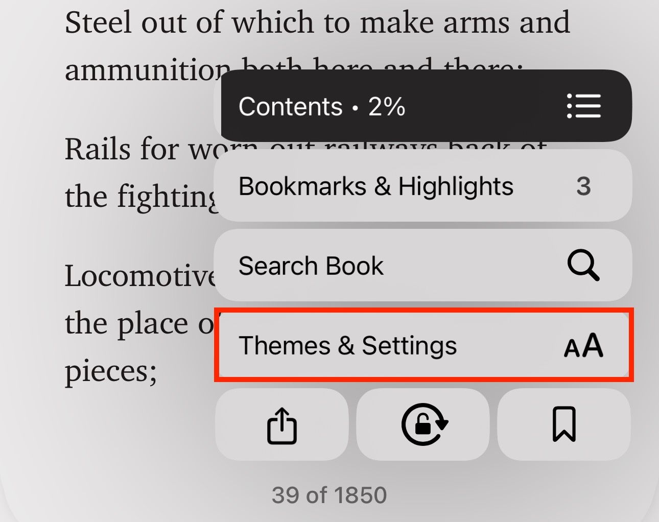 Themes & Settings option in Apple Books menu.