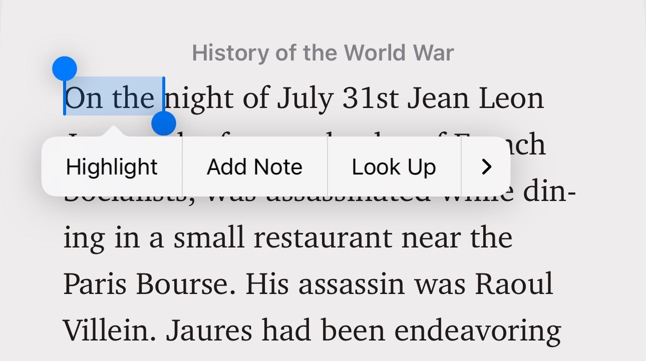 Selecting text in a paragraph to highlight in the Books app.