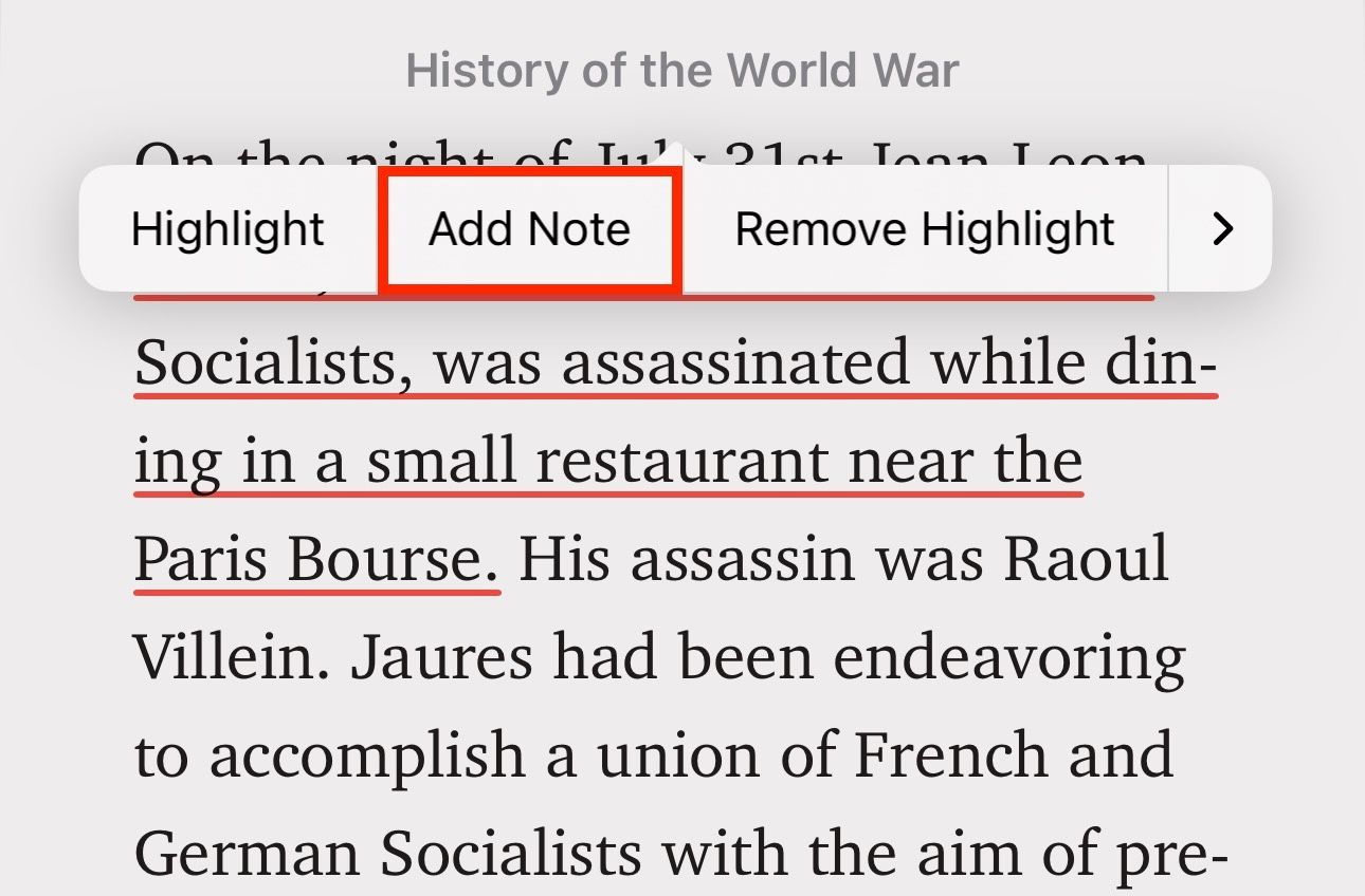 Adding a note to a highlight in Apple Books app.