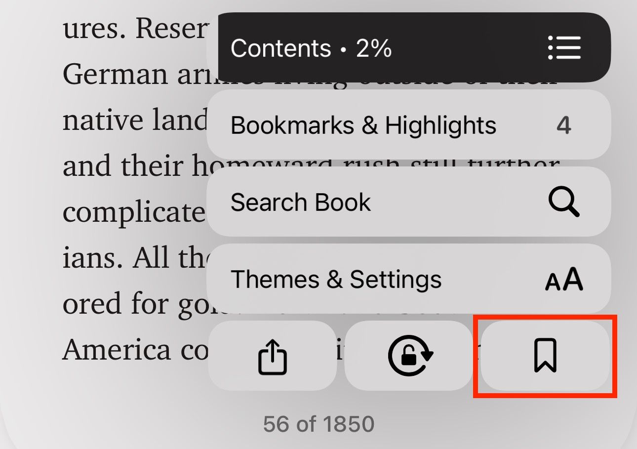 Bookmark button in the Apple Books app on an iPhone.