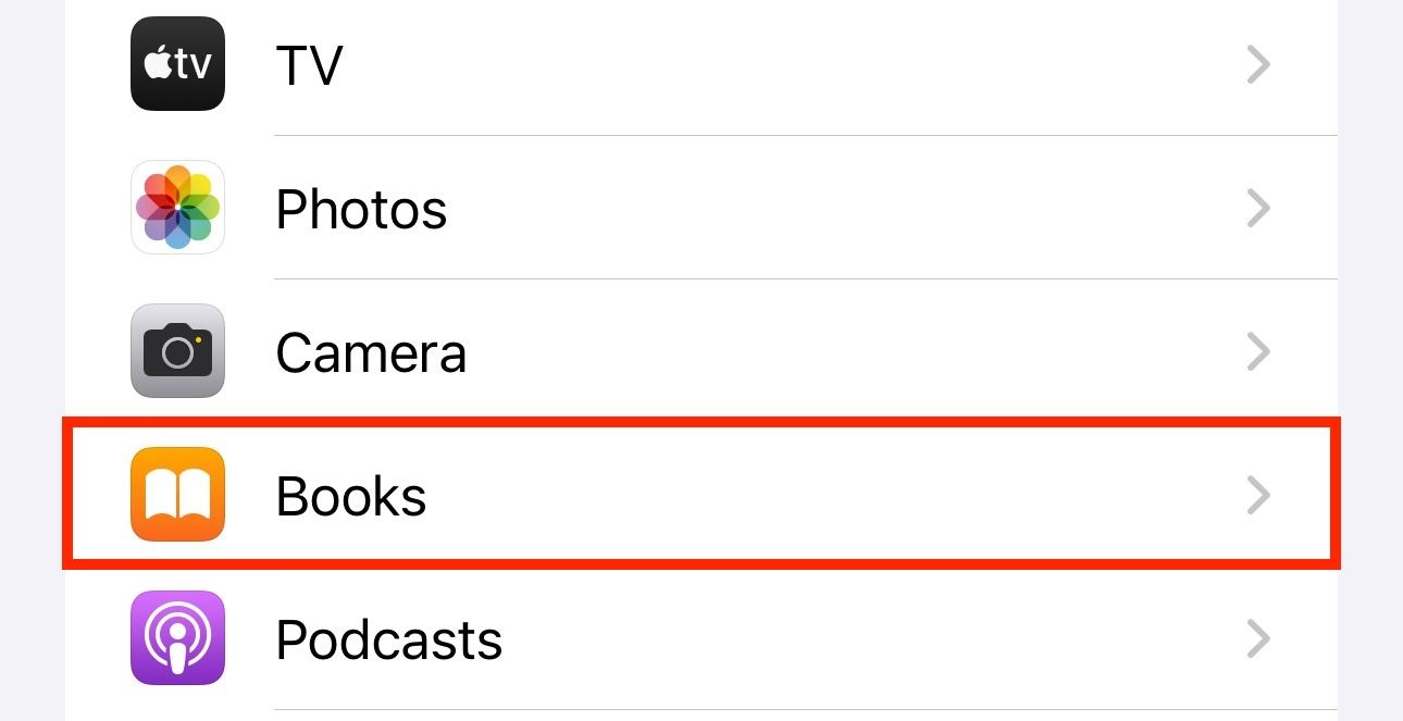 The "Books" option in the iPhone Settings app.
