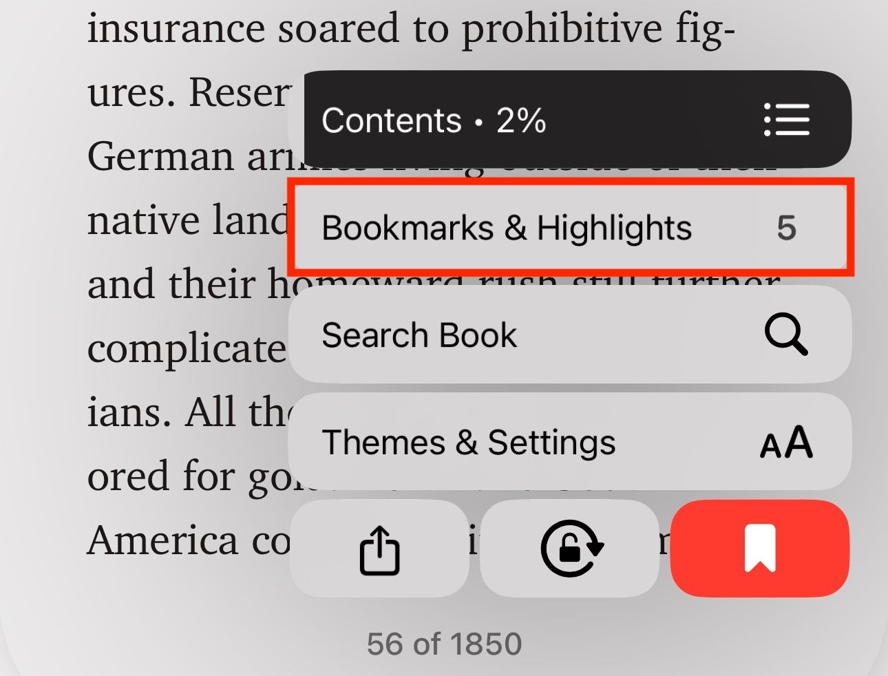 Checking Bookmarks & Highlights in the Books app on an iPhone.