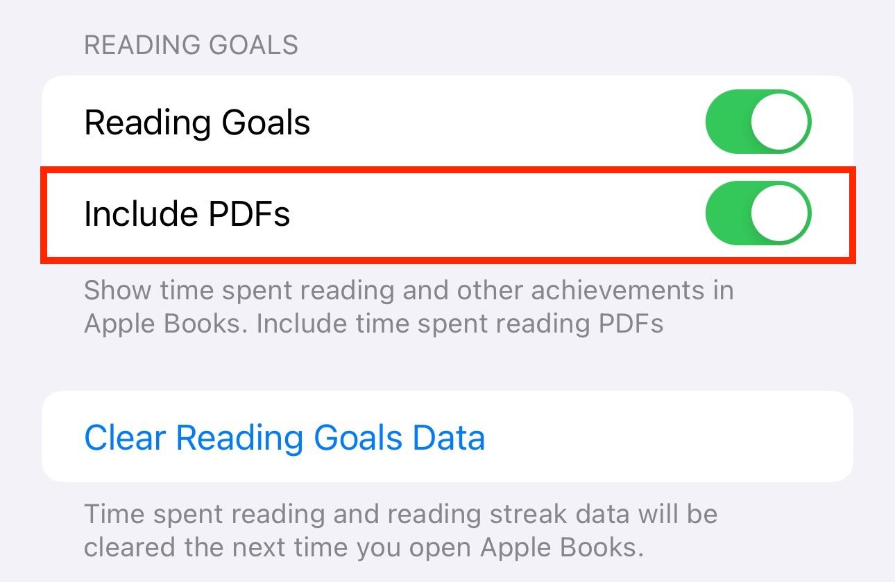 Enabling the Reading Goals feature for PDFs in Books app.