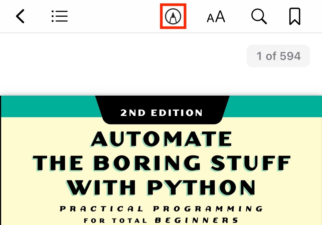 Markup option on a PDF in Apple Books app. 
