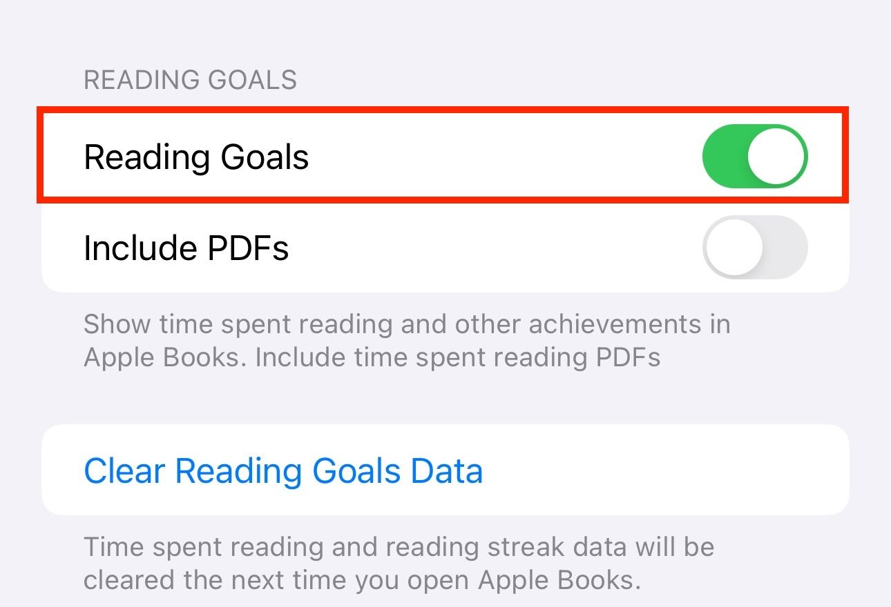 Enabling the Reading Goals feature in Books app.