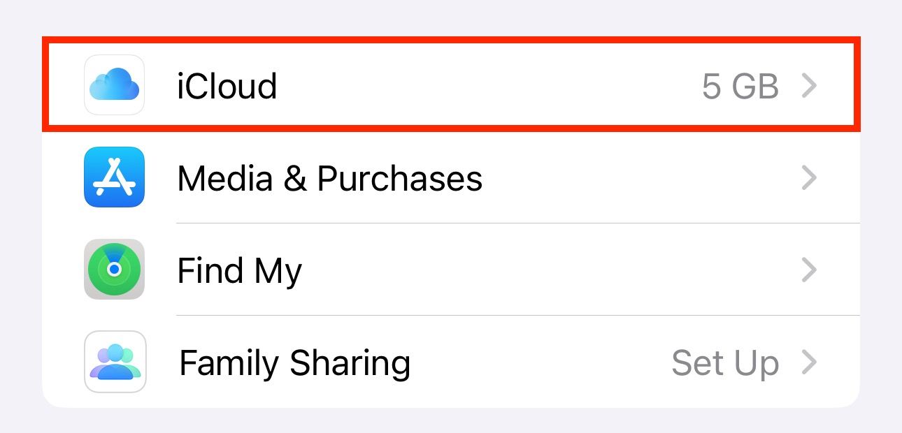 Selecting iCloud under Apple account settings on an iPhone.