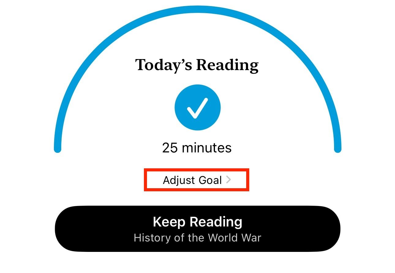 Adjust Goal option for settings a reading goal in Apple Books app.