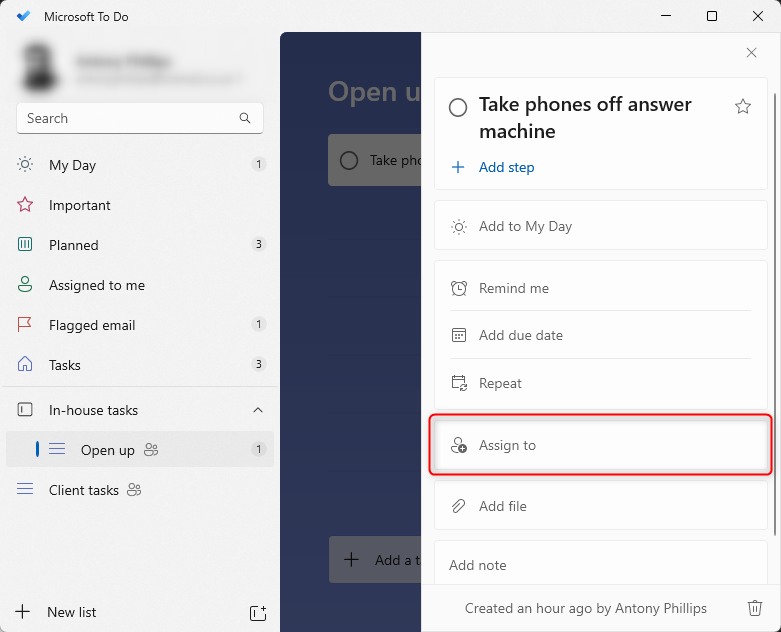Microsoft To Do's Assign To option highlighted.
