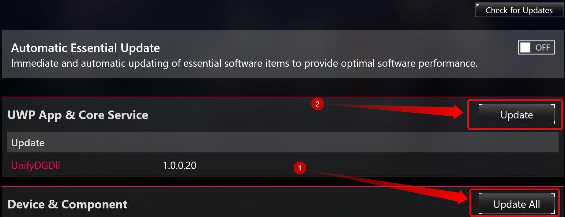 Armoury Crate Update Menu. 