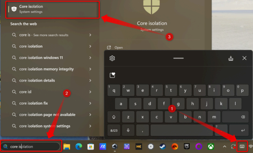 Searching for Core Isolation in Windows 11 Search. 