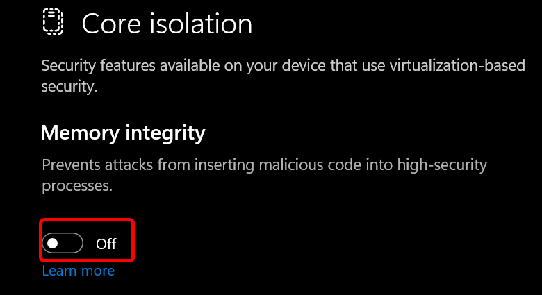 Disabling memory integrity on Windows 11. 