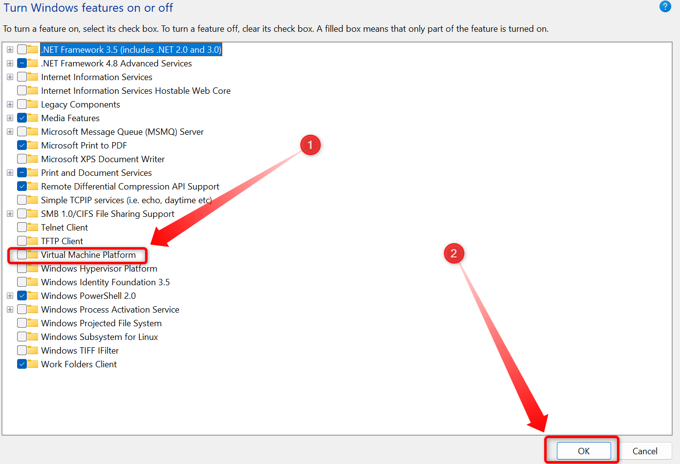 Disabling the Virtual Machine Platform in Windows 11. 