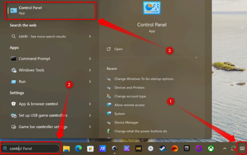 Searching for Control Panel in Windows 11 search. 