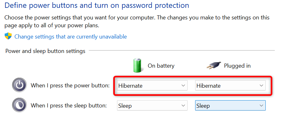 Power button behavior menu in Windows 11 Control Panel. 