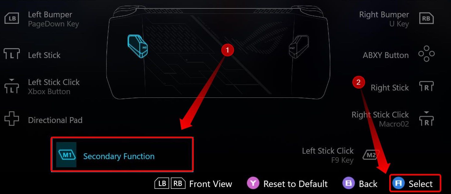 Armoury Crate control scheme menu showing the M1 and M2 buttons and their functions. 