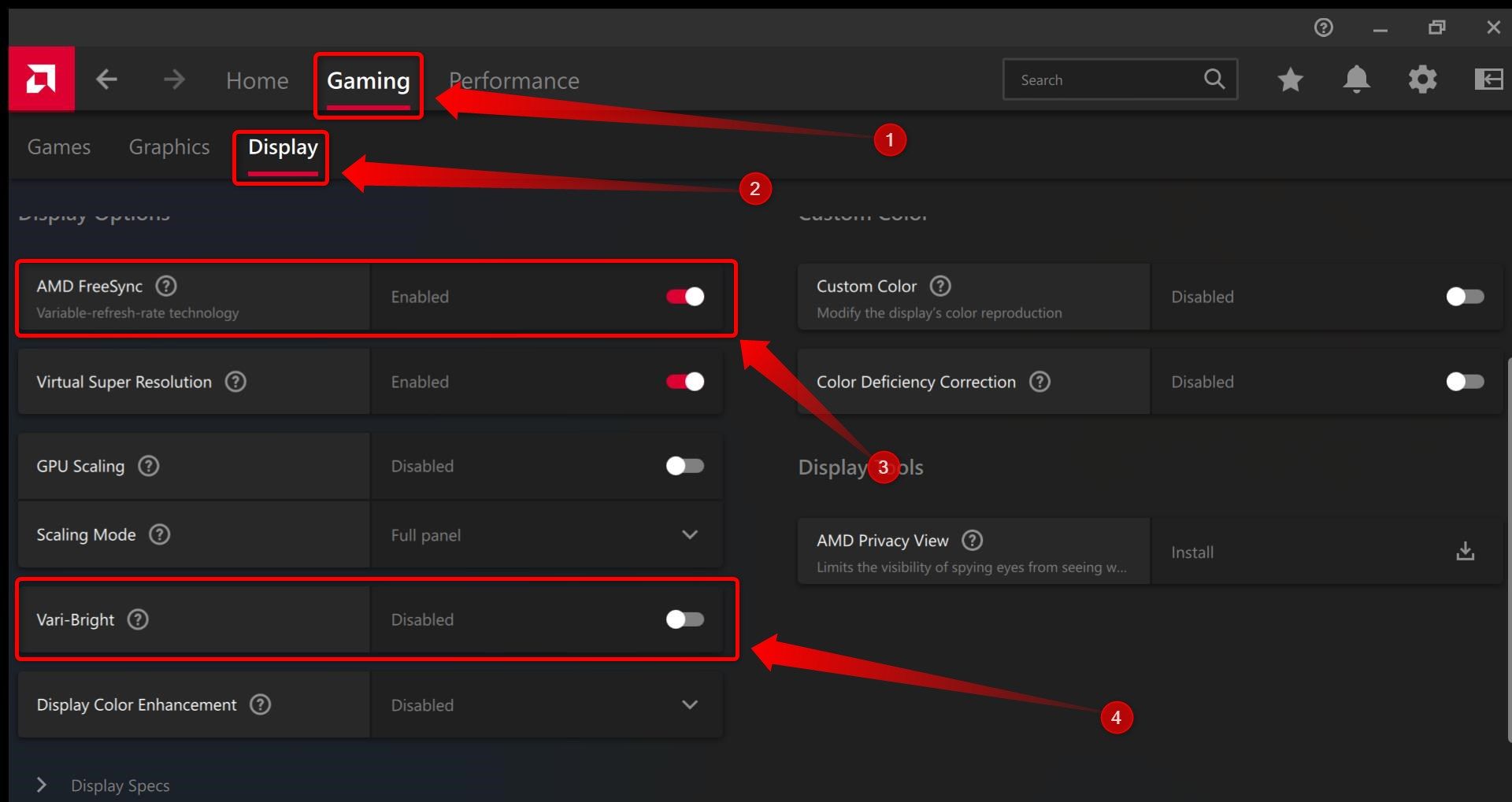 AMD Adrenalin software Display tab showing various display settings. 