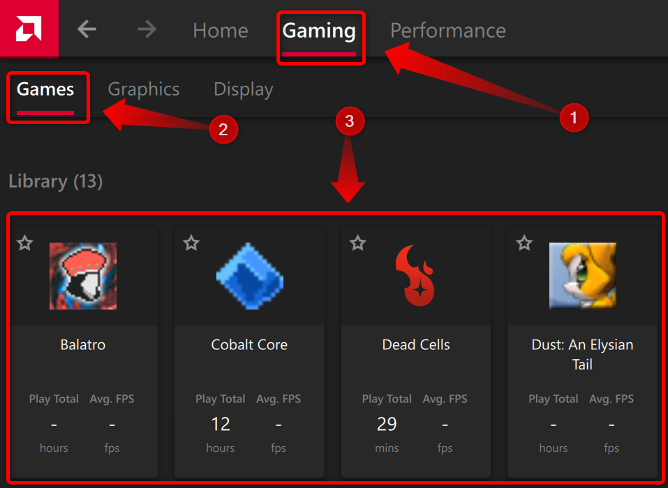 AMD Adrenalin software Games tab showing games installed on an ROG Ally. 