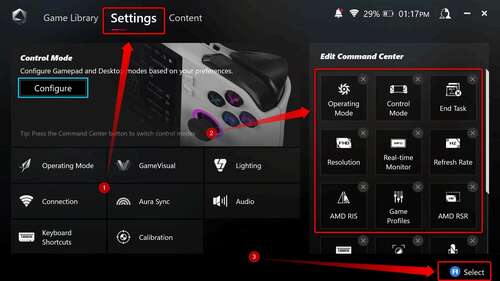 Armoury Crate settings tab showing various Command Center options. 