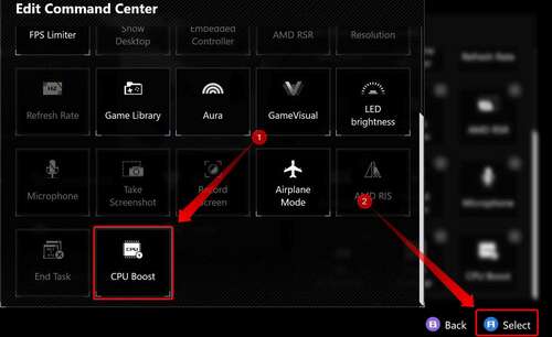 ASUS ROG Ally's Command Center toggles with the focus on the CPU Boost toggle. 