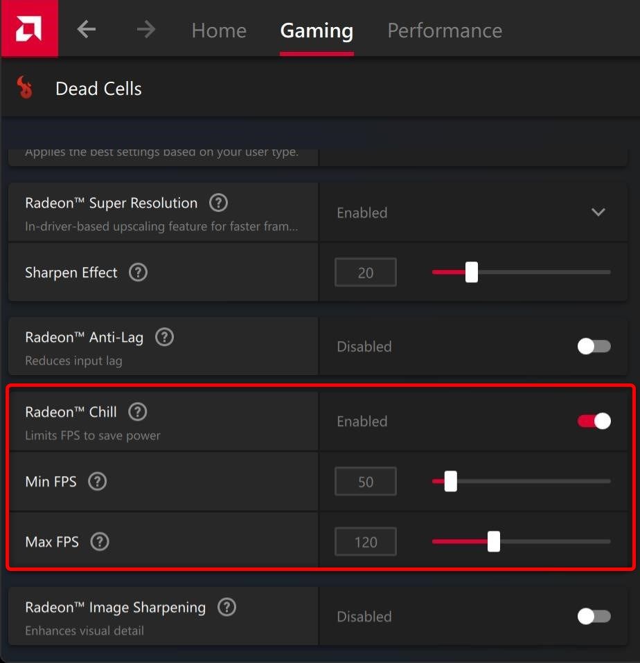 Driver-level GPU settings in AMD Adrenalin software for Dead Cells. 