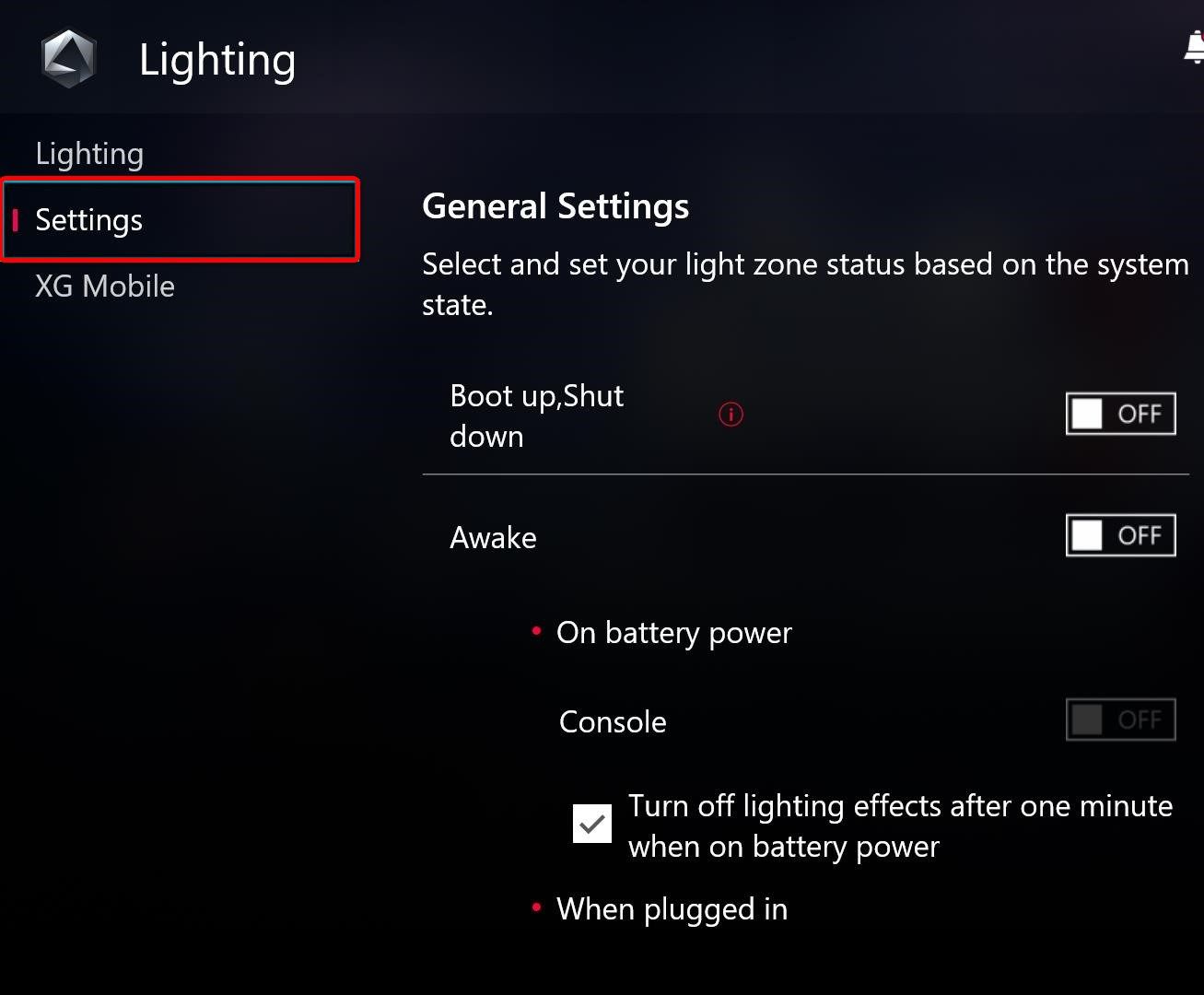 Lighting options menu in Armoury Crate. 