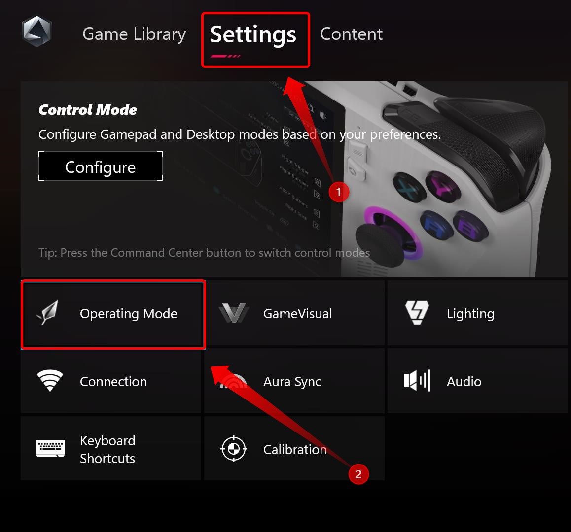 Settings tab in Armoury Crate with the operating mode button selected. 