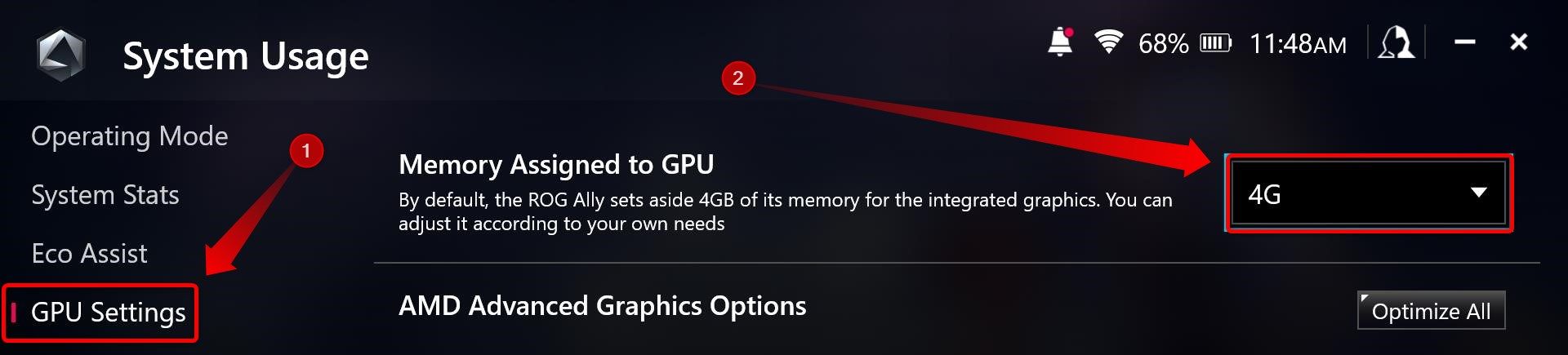 GPU Settings menu in Armoury Crate.