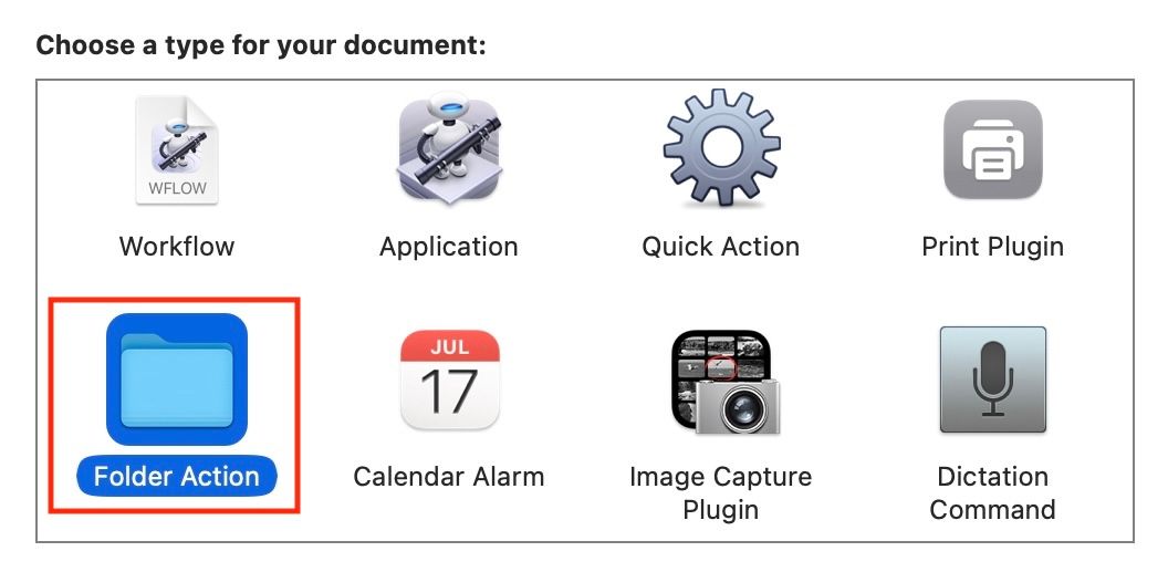 Choosing document type in Automator app on a Mac.