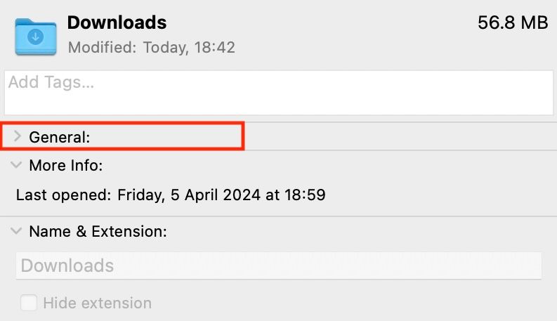 Expanding the General tab to view the path of Downloads folder.