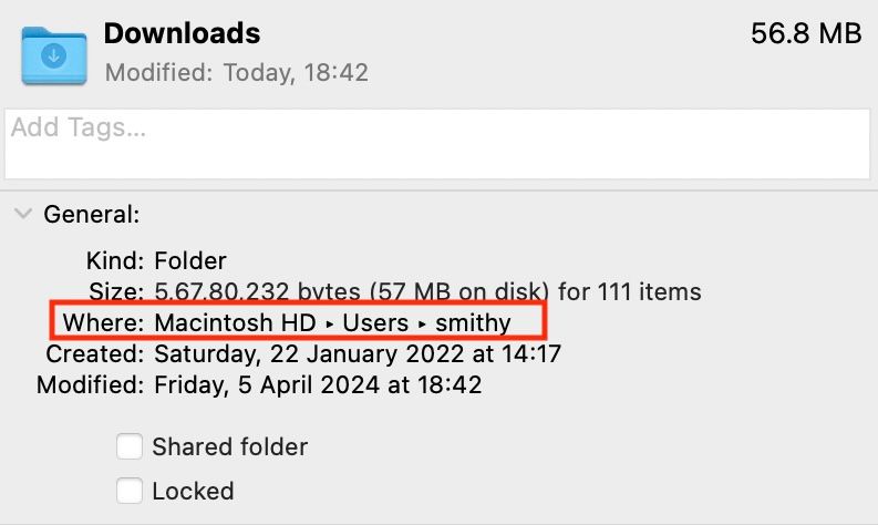 Copying the path of Downloads folder on Mac.