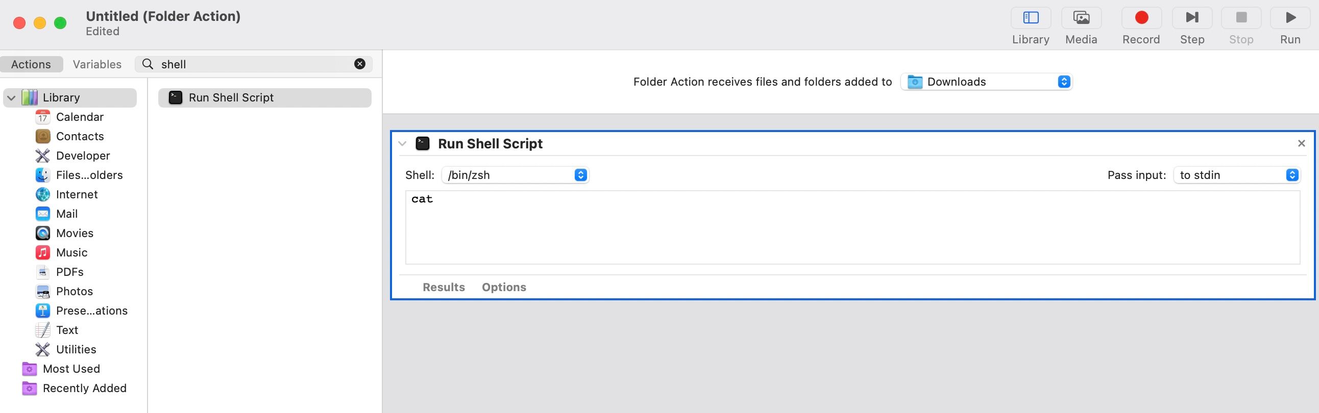 Adding the Run Shell Script action to the workflow in Automator.