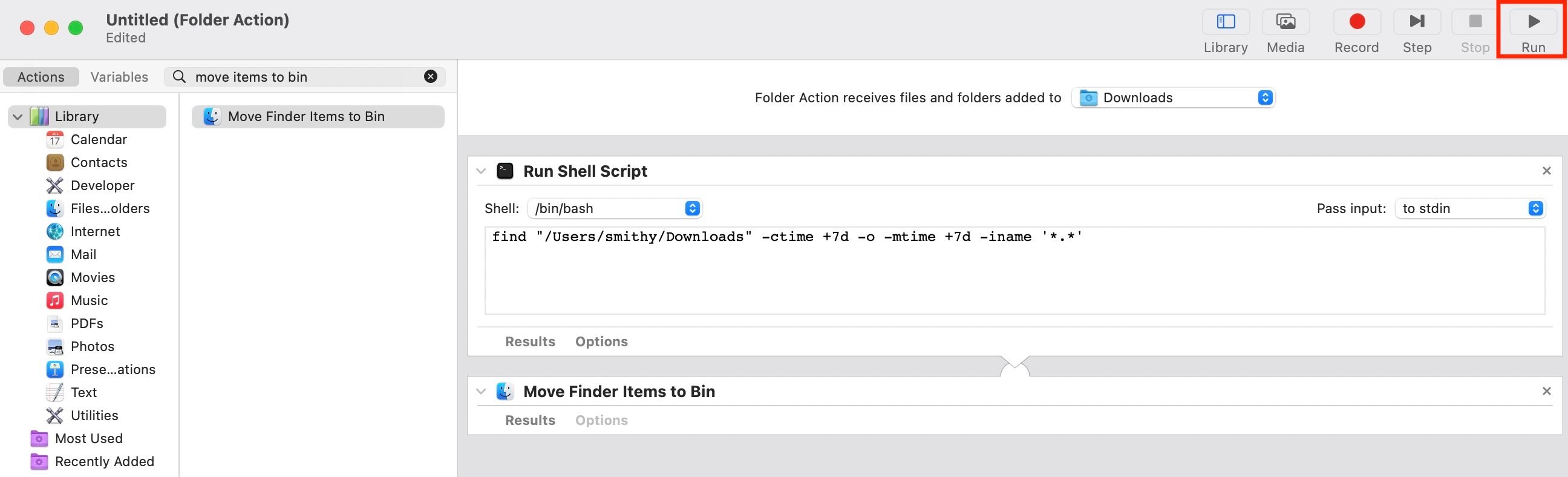 Running the Folder Action workflow to verify if the Run Shell Script action returns right files and folders.