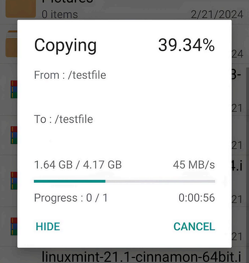 File transfer from the Android phone to the portable drive in progress.